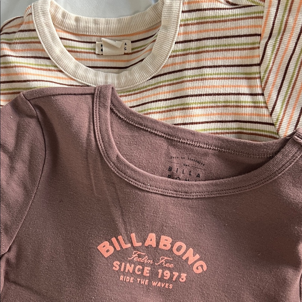 Billabong Mauve Logo Crop Top & Cream Striped Ribbed Crop